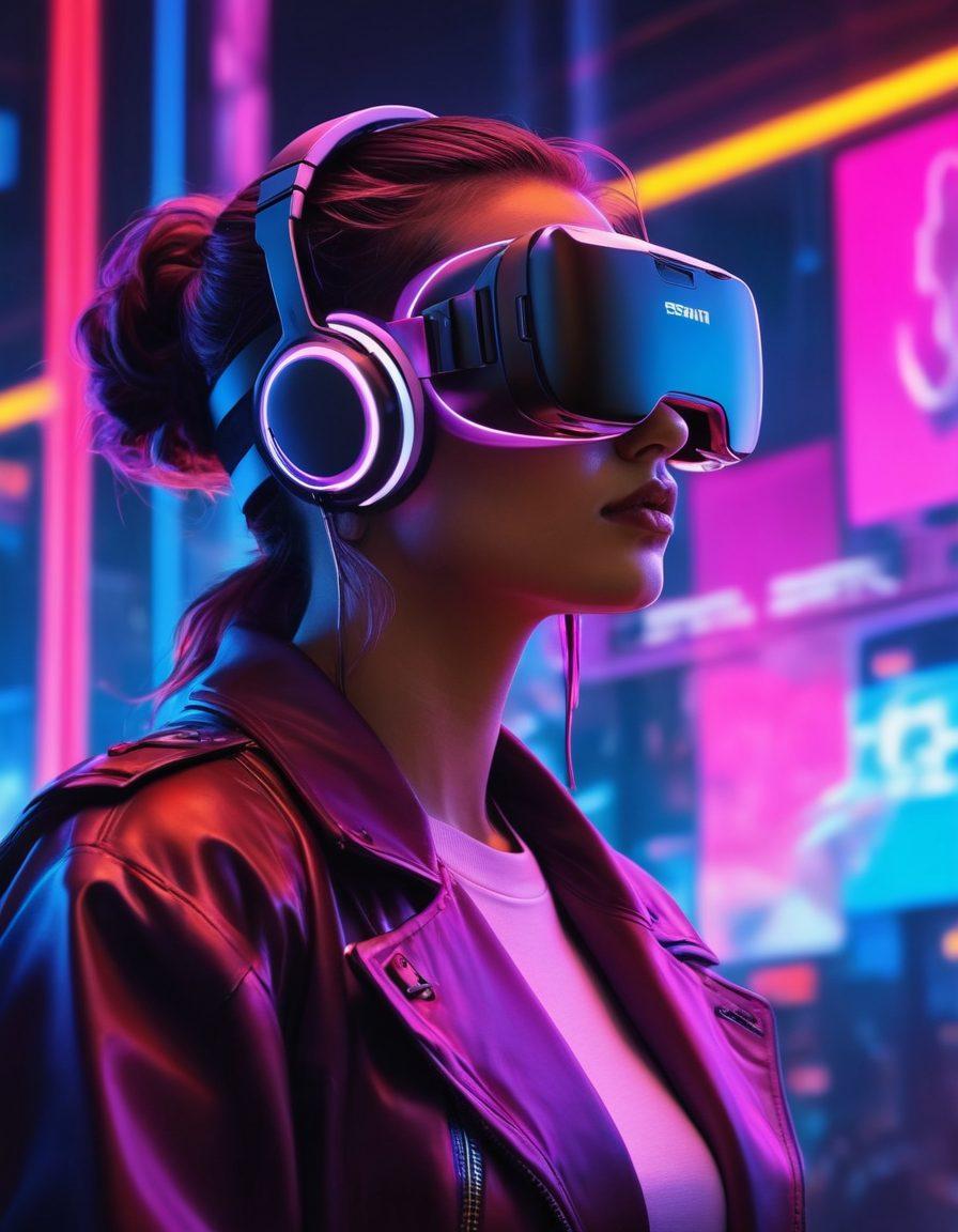 A lively digital gathering of diverse individuals engaged in passionate discussions within a vibrant virtual space. The background features neon lights and abstract shapes that evoke a sense of freedom and exploration. Emphasize expression and connection through body language and facial expressions, with elements of technology like VR headsets and glowing screens. Include a flowing, dynamic atmosphere to represent fluid conversations and ideas. vibrant colors. cyberpunk.