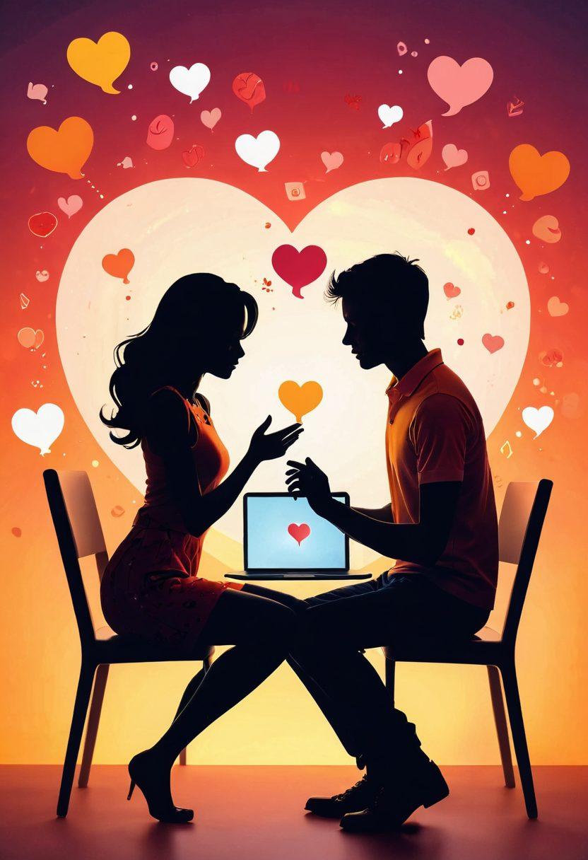 A cozy digital chat room setting with two silhouette figures engaging in a playful and flirtatious manner, surrounded by heart emojis and chat bubbles filled with flirty text. The background features a warm color palette to evoke intimacy, and soft glowing lights create a welcoming atmosphere. Include a laptop with an open chat interface, showcasing vibrant reactions. painterly style. warm tones. soft focus.