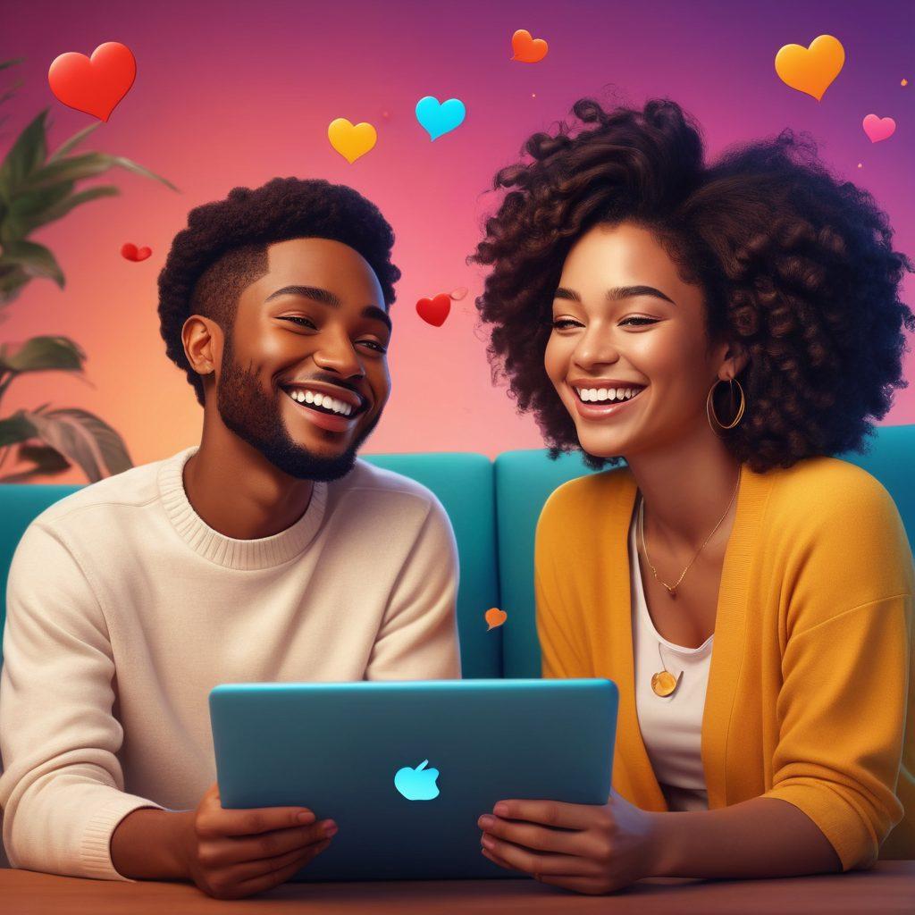 A cozy digital chat room scene featuring two abstract characters, smiling and engaging in playful, flirtatious banter. Soft, warm lighting enhances an intimate atmosphere, with playful emojis floating around, depicting laughter and winks. Background elements hint at a vibrant online world filled with hearts and chat bubbles, symbolizing connection and excitement. The characters should be diverse, representing different cultures and styles, highlighting inclusivity. vibrant colors. digital art. intimate illustration.